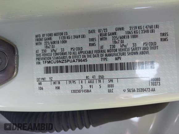 ✅ 2023 Ford Escape ST-Line Select • VIN: 1FMCU9NZ5PUA79645 • Лот: 43188797. Опубликован ранее на IAAI с пробегом 26 698 миль. Бесплатный доступ к архиву аукционных продаж из США и подробный отчёт об истории автомобиля на DreamBid. Изображение 9.