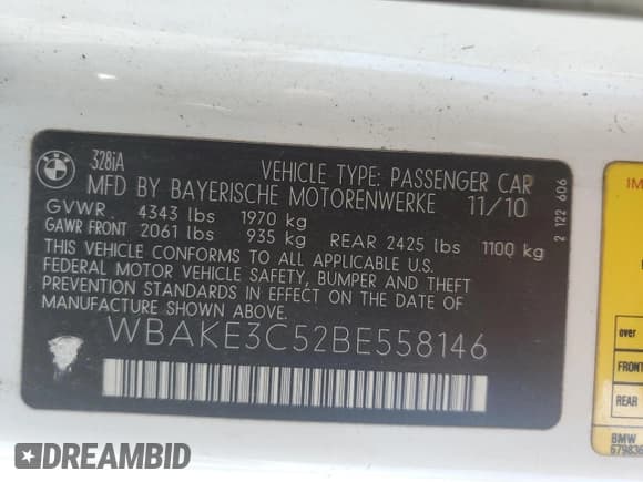 ✅ 2011 BMW 3 Series 328i • VIN: WBAKE3C52BE558146 • Lot: 63673695. Listed on Copart with Not provided. Free auction sales archive from the USA and detailed vehicle history report at DreamBid. Image 12.