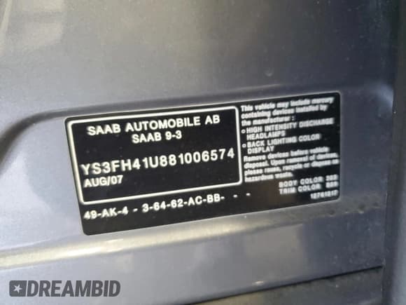 ✅ 2008 Saab 9-3 Aero • VIN: YS3FH41U881006574 • Lot: 57614435. Listed on Copart with 125,906 mi. Free auction sales archive from the USA and detailed vehicle history report at DreamBid. Image 12.