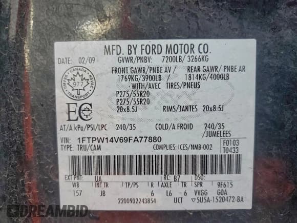 ✅ 2009 Ford F-150 XL • VIN: 1FTPW14V69FA77880 • Lot: 96533015. Wystawiony na Copart z przebiegiem 148 231 mil. Bezpłatny archiwum sprzedaży aukcyjnych z USA i szczegółowy raport historii pojazdu na DreamBid. Zdjęcie 12.