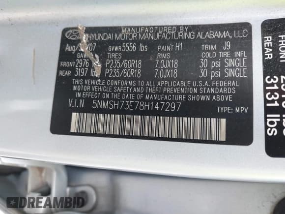 ✅ 2008 Hyundai Santa Fe SE • VIN: 5NMSH73E78H147297 • Lot: 42919597. Wystawiony na IAAI z przebiegiem 189 980 mil. Bezpłatny archiwum sprzedaży aukcyjnych z USA i szczegółowy raport historii pojazdu na DreamBid. Zdjęcie 9.