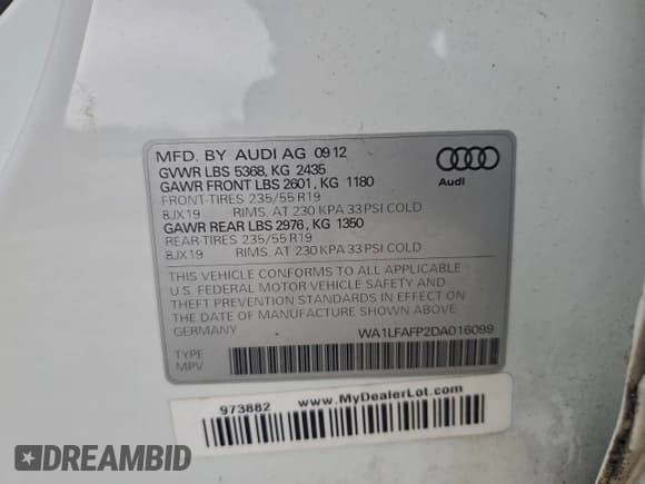 ✅ 2013 Audi Q5 Premium Plus • VIN: WA1LFAFP2DA016099 • Лот: 95411905. Опубликован ранее на Copart с пробегом 108 453 миль. Бесплатный доступ к архиву аукционных продаж из США и подробный отчёт об истории автомобиля на DreamBid. Изображение 13.