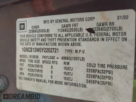 2000 Chevrolet Blazer LS z VIN 1GNCS13W0Y2262721, wystawiony jako IAAI lot #42538224 z przebiegiem Nie podano mil oraz . Historia ofert i sprzedaży dostępna na DreamBid. Obrazek 9.