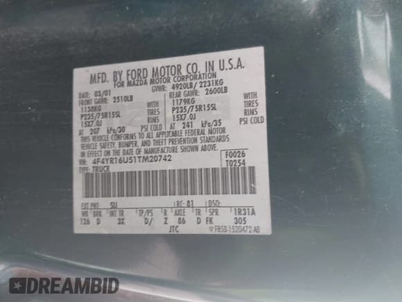 ✅ 2001 Mazda B-Series DS • VIN: 4F4YR16U51TM20742 • Lot: 42168749. Listed on IAAI with 226,272 mi. Free auction sales archive from the USA and detailed vehicle history report at DreamBid. Image 9.