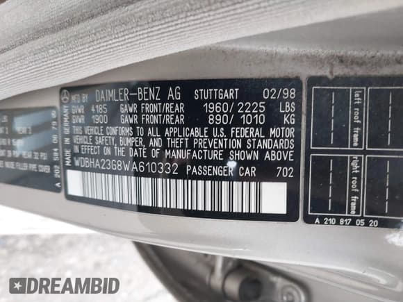 ✅ 1998 Mercedes-Benz C 230/260/280/320 • VIN: WDBHA23G8WA610332 • Lot: 41772716. Listed on IAAI with 248,664 mi. Free auction sales archive from the USA and detailed vehicle history report at DreamBid. Image 9.