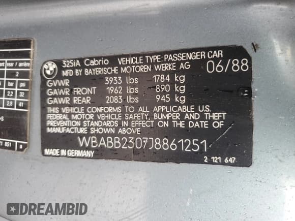 ✅ 1988 BMW 3 Series • VIN: WBABB2307J8861251 • Lot: 72175254. Listed on Copart with 168,465 mi. Free auction sales archive from the USA and detailed vehicle history report at DreamBid. Image 12.