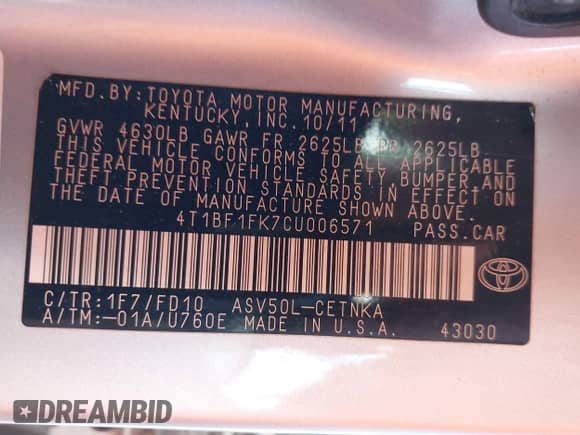 2012 Toyota Camry LE with VIN 4T1BF1FK7CU006571, listed as a IAAI auction lot 43580709 with 256,798 mi miles and . Bid and sale history available at DreamBid. Image 9.