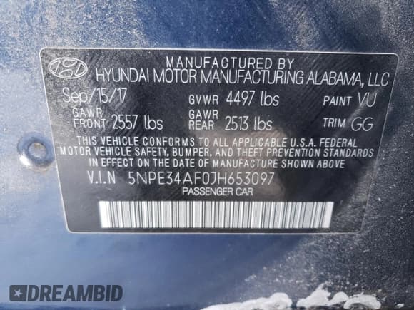 ✅ 2018 Hyundai Sonata Limited • VIN: 5NPE34AF0JH653097 • Lot: 39274743. Listed on Copart with 59,598 mi. Free auction sales archive from the USA and detailed vehicle history report at DreamBid. Image 12.