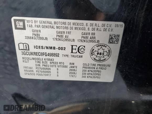2015 Chevrolet Silverado 1500 LT with VIN 3GCUKREC8FG498892, listed as a Copart auction lot 70448715 with 114,043 mi miles and Salvage title. Bid and sale history available at DreamBid. Image 12.