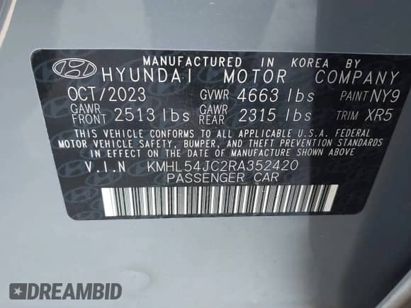 2024 Hyundai Sonata N Line with VIN KMHL54JC2RA352420, listed as a IAAI auction lot 41331640 with 9,128 mi miles and . Bid and sale history available at DreamBid. Image 9.