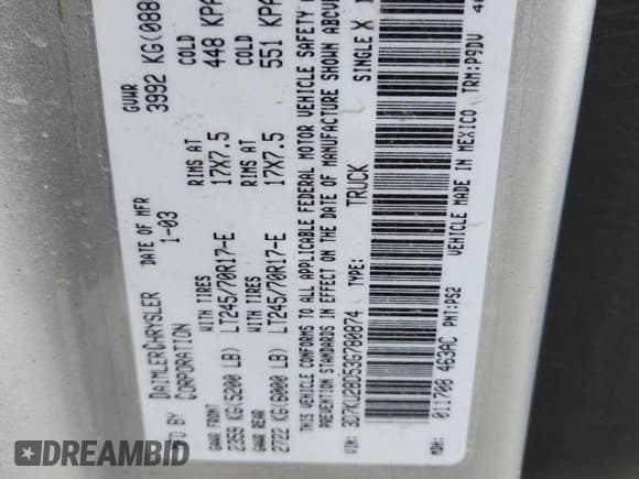 ✅ 2003 Dodge 2500 ST • VIN: 3D7KU28D53G780874 • Lot: 92510925. Listed on Copart with 149,750 mi. Free auction sales archive from the USA and detailed vehicle history report at DreamBid. Image 12.