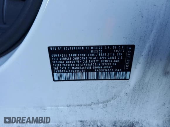 ✅ 2013 Volkswagen Jetta SE • VIN: 3VWDP7AJ1DM396758 • Lot: 56675955. Listed on Copart with 163,712 mi. Free auction sales archive from the USA and detailed vehicle history report at DreamBid. Image 14.