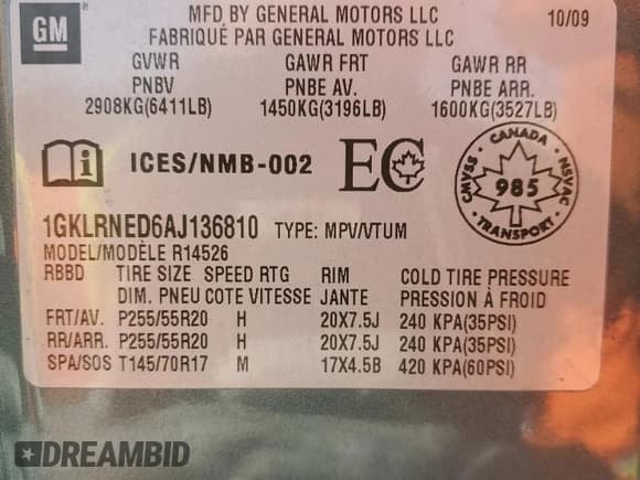 ✅ 2010 GMC Acadia SLT2 • VIN: 1GKLRNED6AJ136810 • Lot: 44504015. Listed on Copart with 289,198 mi. Free auction sales archive from the USA and detailed vehicle history report at DreamBid. Image 13.