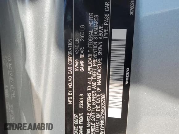 ✅ 2008 Volvo C30 Version 1.0 • VIN: YV1MK672582052286 • Lot: 66250725. Listed on Copart with 122,995 mi. Free auction sales archive from the USA and detailed vehicle history report at DreamBid. Image 12.