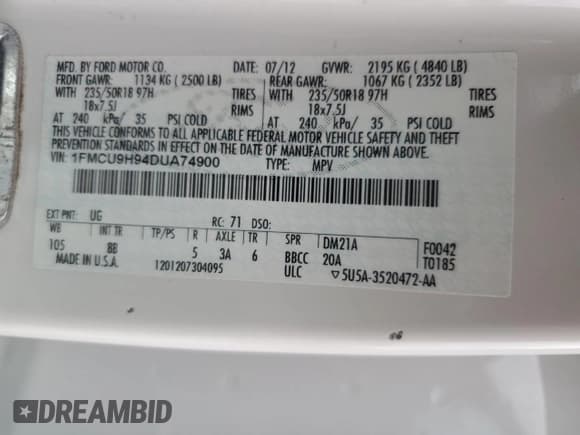 ✅ 2013 Ford Escape SEL • VIN: 1FMCU9H94DUA74900 • Lot: 92873995. Listed on Copart with 163,657 mi. Free auction sales archive from the USA and detailed vehicle history report at DreamBid. Image 13.