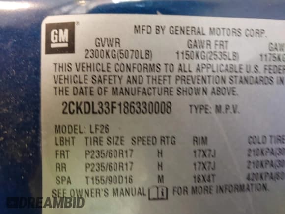 ✅ 2008 Pontiac Torrent • VIN: 2CKDL33F186330008 • Lot: 42513702. Listed on IAAI with 124,495 mi. Free auction sales archive from the USA and detailed vehicle history report at DreamBid. Image 9.