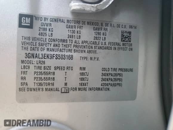 2015 Chevrolet Captiva Sport LT z VIN 3GNAL3EK9FS503168, wystawiony jako Copart lot #82699684 z przebiegiem 127 599 mil mil oraz Szkoda całkowita • Salvage title. Historia ofert i sprzedaży dostępna na DreamBid. Obrazek 12.