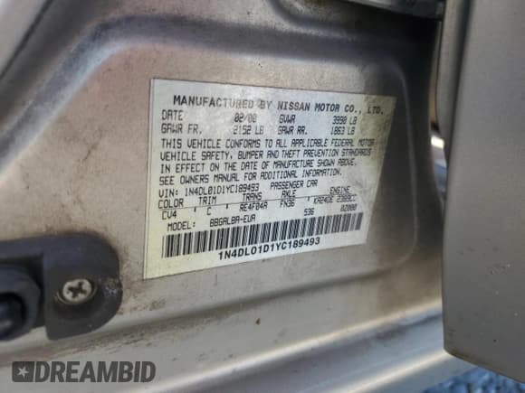 ✅ 2000 Nissan Altima XE • VIN: 1N4DL01D1YC189493 • Lot: 61993685. Listed on Copart with 199,674 mi. Free auction sales archive from the USA and detailed vehicle history report at DreamBid. Image 12.