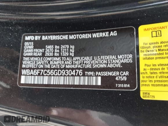 ✅ 2016 BMW 6 Series 650i xDrive • VIN: WBA6F7C56GD930476 • Лот: 42962356. Опубликован ранее на IAAI с пробегом 75 379 миль. Бесплатный доступ к архиву аукционных продаж из США и подробный отчёт об истории автомобиля на DreamBid. Изображение 9.