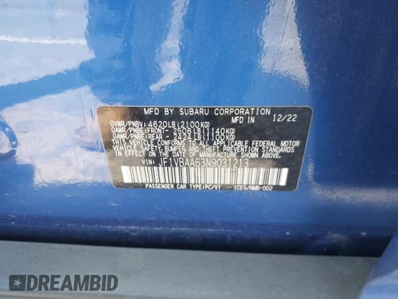 ✅ 2022 Subaru WRX • VIN: JF1VBAA63N9031213 • Lot: 42766909. Listed on IAAI with 12,591 mi. Free auction sales archive from the USA and detailed vehicle history report at DreamBid. Image 9.