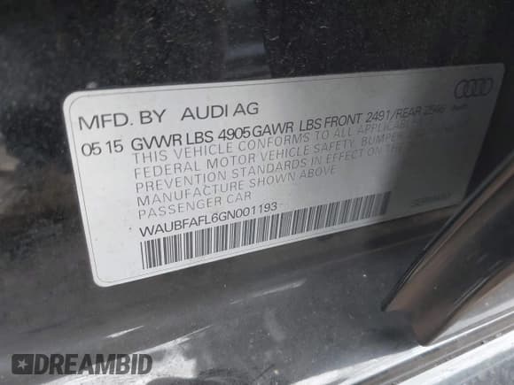 ✅ 2016 Audi A4 Premium • VIN: WAUBFAFL6GN001193 • Lot: 43790086. Listed on IAAI with 96,017 mi. Free auction sales archive from the USA and detailed vehicle history report at DreamBid. Image 9.