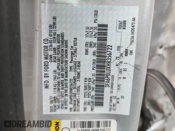 ✅ 2017 Ford Fusion Hybrid SE • VIN: 3FA6P0LUXHR356722 • Лот: 86668385. Опубликован ранее на Copart с пробегом Не указан. Бесплатный доступ к архиву аукционных продаж из США и подробный отчёт об истории автомобиля на DreamBid. Изображение 12.