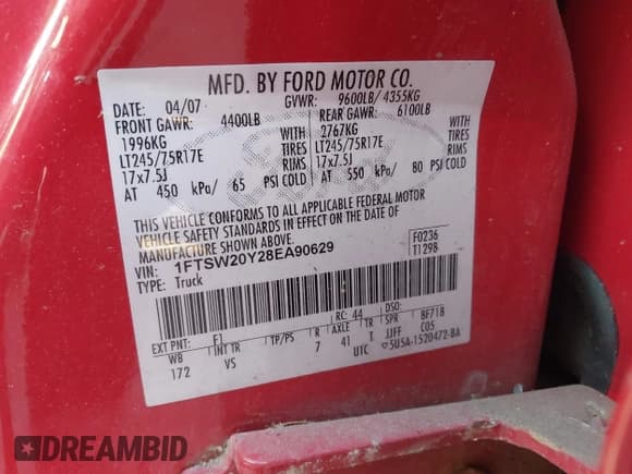 ✅ 2008 Ford F-250 • VIN: 1FTSW20Y28EA90629 • Lot: 43740960. Listed on IAAI with 68,315 mi. Free auction sales archive from the USA and detailed vehicle history report at DreamBid. Image 9.