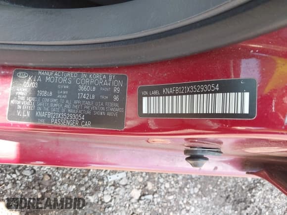 ✅ 2003 Kia Spectra • VIN: KNAFB121X35293054 • Лот: 42274932. Опубликован ранее на IAAI с пробегом 108 978 миль. Бесплатный доступ к архиву аукционных продаж из США и подробный отчёт об истории автомобиля на DreamBid. Изображение 9.