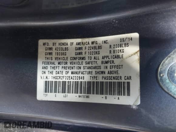 2014 Honda Accord LX with VIN 1HGCR2F32EA232649, listed as a IAAI auction lot 43115170 with 147,636 mi miles and . Bid and sale history available at DreamBid. Image 9.