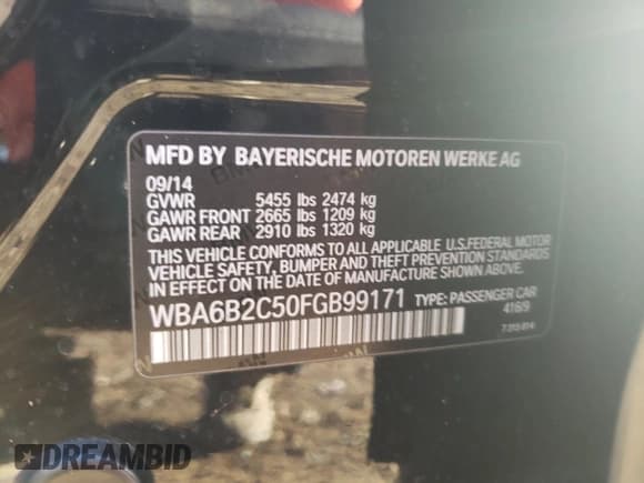 ✅ 2015 BMW 6 Series 650i • VIN: WBA6B2C50FGB99171 • Lot: 44654263. Listed on Copart with 69,711 mi. Free auction sales archive from the USA and detailed vehicle history report at DreamBid. Image 12.