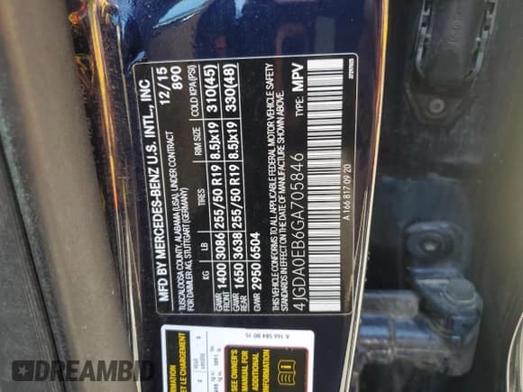 ✅ 2016 Mercedes-Benz GLE 300d • VIN: 4JGDA0EB6GA705846 • Лот: 65634375. Опубликован ранее на Copart с пробегом 167 725 миль. Бесплатный доступ к архиву аукционных продаж из США и подробный отчёт об истории автомобиля на DreamBid. Изображение 13.
