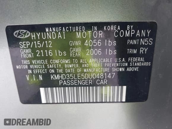 ✅ 2013 Hyundai Elantra • VIN: KMHD35LE5DU048147 • Lot: 43597679. Listed on IAAI with 105,764 mi. Free auction sales archive from the USA and detailed vehicle history report at DreamBid. Image 9.