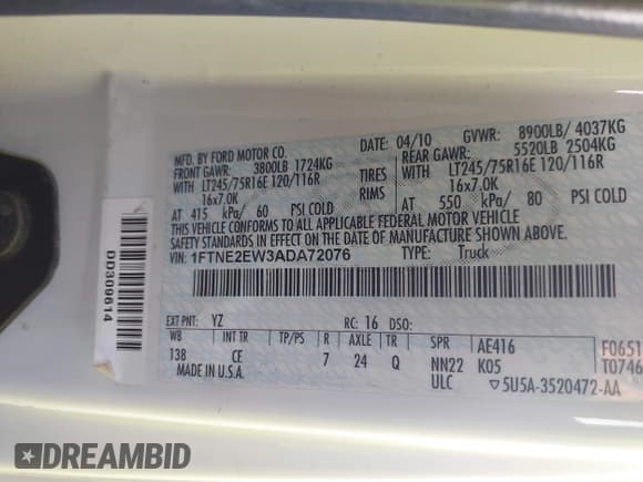 ✅ 2010 Ford Econoline Cargo Commercial • VIN: 1FTNE2EW3ADA72076 • Lot: 43623255. Wystawiony na IAAI z przebiegiem 191 422 mil. Bezpłatny archiwum sprzedaży aukcyjnych z USA i szczegółowy raport historii pojazdu na DreamBid. Zdjęcie 9.