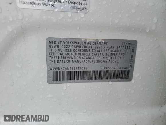 ✅ 2011 Volkswagen CC Sport • VIN: WVWNN7AN4BE717095 • Lot: 41748655. Listed on Copart with Not provided. Free auction sales archive from the USA and detailed vehicle history report at DreamBid. Image 15.