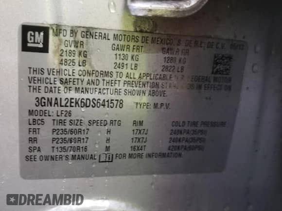 2013 Chevrolet Captiva Sport LS с VIN 3GNAL2EK6DS641578, выставлен на аукционе Copart как лот 78661134 с пробегом 107 055 миль миль и Списание • Salvage title. История ставок и продаж доступна на DreamBid. Изображение 13.