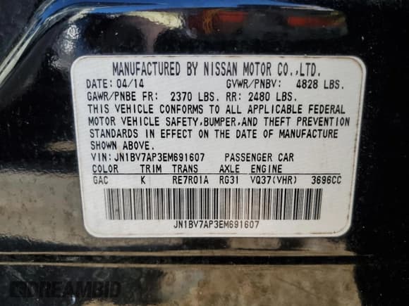 ✅ 2014 Infiniti Q50 Premium • VIN: JN1BV7AP3EM691607 • Lot: 51841845. Listed on Copart with 217,817 mi. Free auction sales archive from the USA and detailed vehicle history report at DreamBid. Image 13.