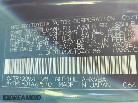 ✅ 2013 Toyota Prius One • VIN: JTDKDTB32D1546286 • Lot: 43487780. Listed on IAAI with 126,825 mi. Free auction sales archive from the USA and detailed vehicle history report at DreamBid. Image 9.