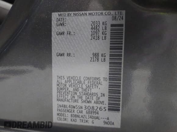 ✅ 2025 Nissan Altima SV • VIN: 1N4BL4DW5SN308265 • Лот: 42650643. Опубликован ранее на IAAI с пробегом 10 192 миль. Бесплатный доступ к архиву аукционных продаж из США и подробный отчёт об истории автомобиля на DreamBid. Изображение 9.