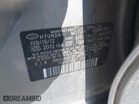 ✅ 2012 Hyundai Elantra Limited • VIN: KMHDH4AE2CU455811 • Lot: 42296941. Listed on IAAI with 230,105 mi. Free auction sales archive from the USA and detailed vehicle history report at DreamBid. Image 9.