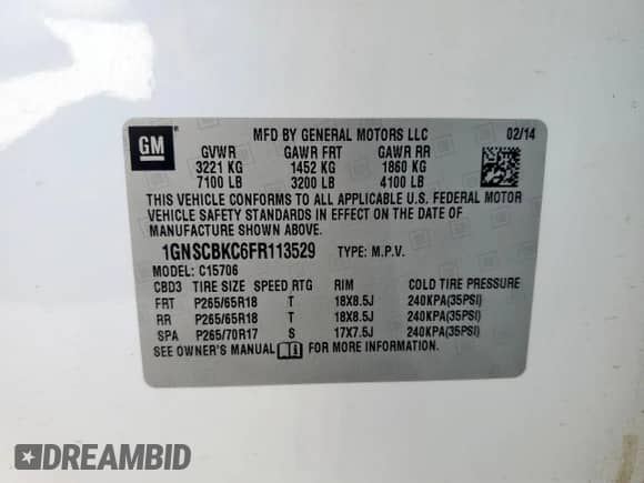 2015 Chevrolet Tahoe LT with VIN 1GNSCBKC6FR113529, listed as a Copart auction lot 57702225 with 280,403 mi miles and Clean title. Bid and sale history available at DreamBid. Image 13.