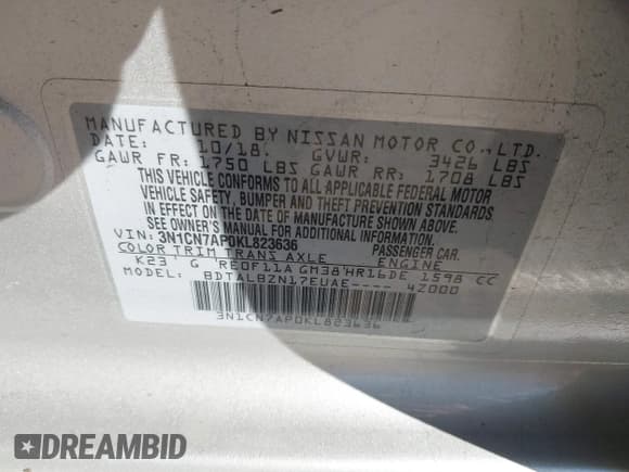 ✅ 2019 Nissan Versa S Plus • VIN: 3N1CN7AP0KL823636 • Лот: 43577071. Опубликован ранее на IAAI с пробегом 85 932 миль. Бесплатный доступ к архиву аукционных продаж из США и подробный отчёт об истории автомобиля на DreamBid. Изображение 9.