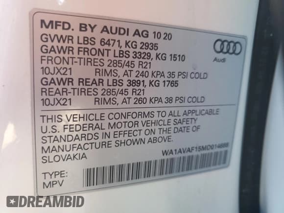 ✅ 2021 Audi Q8 Premium • VIN: WA1AVAF15MD014688 • Lot: 83991624. Listed on Copart with 55,373 mi. Free auction sales archive from the USA and detailed vehicle history report at DreamBid. Image 13.