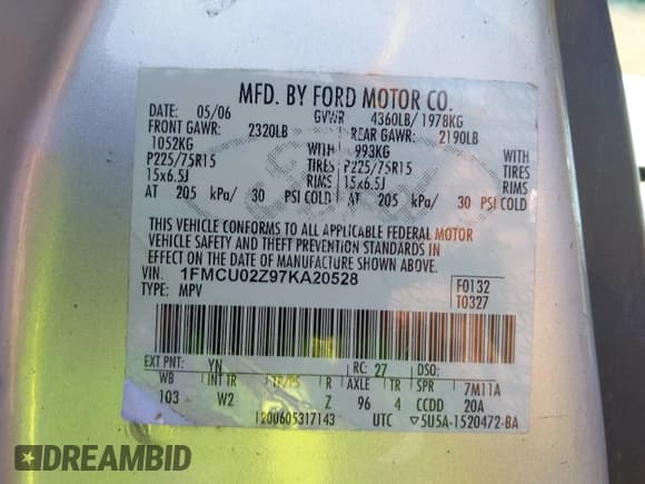 ✅ 2007 Ford Escape XLS • VIN: 1FMCU02Z97KA20528 • Lot: 43528799. Listed on IAAI with Not provided. Free auction sales archive from the USA and detailed vehicle history report at DreamBid. Image 9.