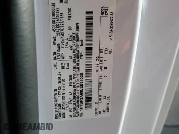 ✅ 2020 Ford F-250 XL • VIN: 1FTBF2A69LEE86028 • Lot: 84587465. Wystawiony na Copart z przebiegiem 71 745 mil. Bezpłatny archiwum sprzedaży aukcyjnych z USA i szczegółowy raport historii pojazdu na DreamBid. Zdjęcie 12.