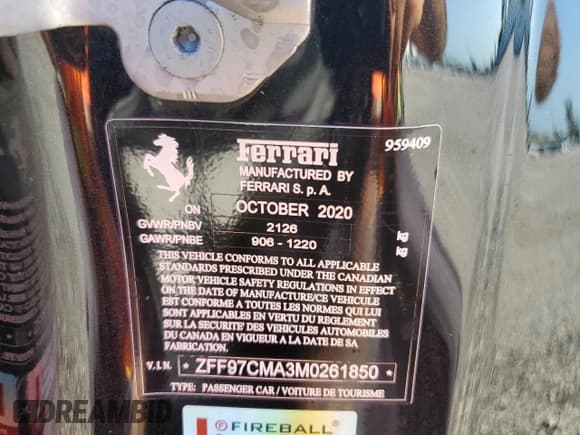 ✅ 2021 Ferrari 812 • VIN: ZFF97CMA3M0261850 • Лот: 60645775. Опубликован ранее на Copart с пробегом 6 944 миль. Бесплатный доступ к архиву аукционных продаж из США и подробный отчёт об истории автомобиля на DreamBid. Изображение 13.