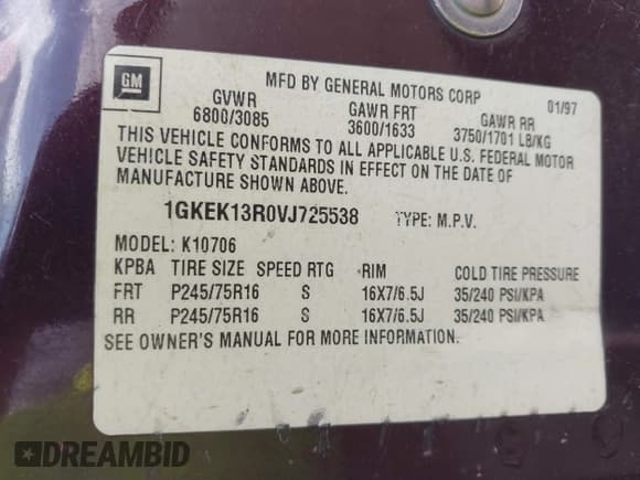 ✅ 1997 GMC Yukon • VIN: 1GKEK13R0VJ725538 • Lot: 42447454. Listed on IAAI with 197,378 mi. Free auction sales archive from the USA and detailed vehicle history report at DreamBid. Image 9.