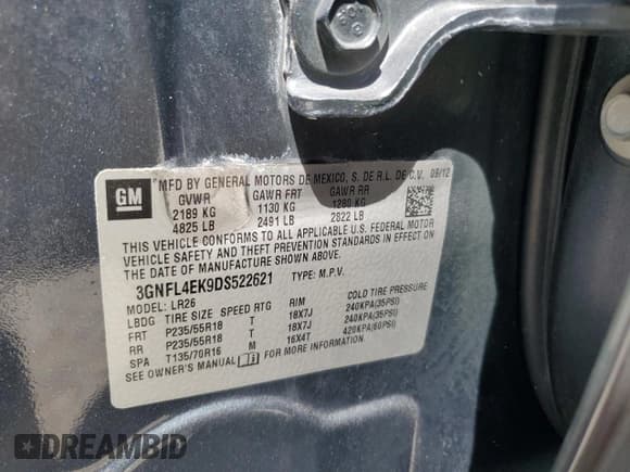 ✅ 2013 Chevrolet Captiva Sport LTZ • VIN: 3GNFL4EK9DS522621 • Lot: 83818865. Wystawiony na Copart z przebiegiem 113 210 mil. Bezpłatny archiwum sprzedaży aukcyjnych z USA i szczegółowy raport historii pojazdu na DreamBid. Zdjęcie 12.