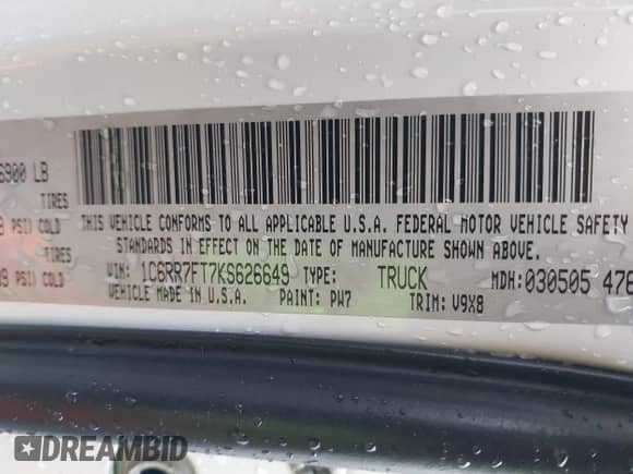2019 Ram 1500 Tradesman with VIN 1C6RR7FT7KS626649, listed as a IAAI auction lot 42314618 with 45,728 mi miles and . Bid and sale history available at DreamBid. Image 9.