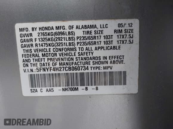 ✅ 2012 Honda Pilot LX • VIN: 5FNYF4H27CB060734 • Lot: 43251385. Listed on IAAI with 134,214 mi. Free auction sales archive from the USA and detailed vehicle history report at DreamBid. Image 9.