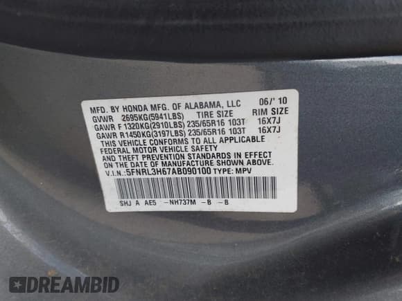 ✅ 2010 Honda Odyssey EX-L • VIN: 5FNRL3H67AB090100 • Lot: 43296079. Listed on IAAI with 174,283 mi. Free auction sales archive from the USA and detailed vehicle history report at DreamBid. Image 9.